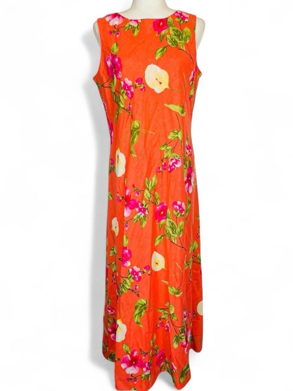 Y2K Talbots Size 12 Maxi Dress Sleeveless Orange Floral Print Linen Rayon Blend